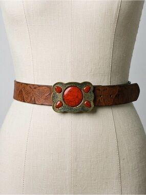 Hand Stained Latitan Leather Butterfly Belt with Red Stone Buckle Size 32 Brown